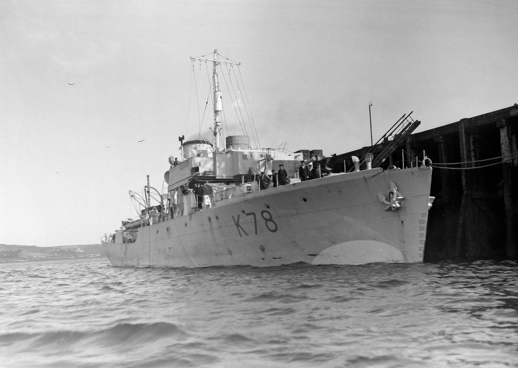 Detail of Photograph of starboard bow view of HMS 'Rhododendron' (1940) dated pre October 1942 alongside quay. Pendant K78. by unknown