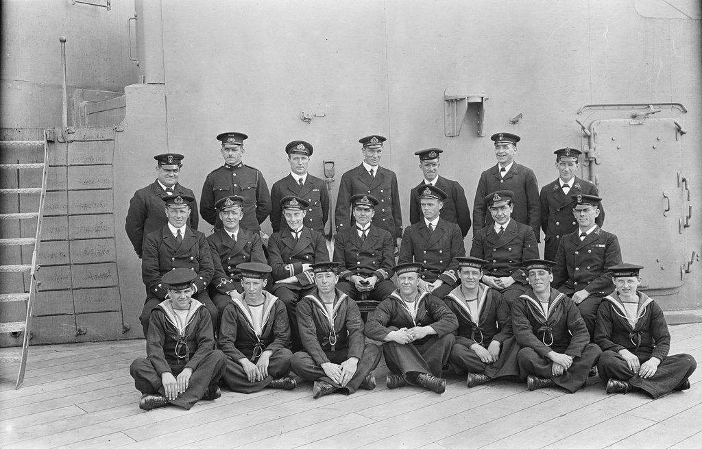 Detail of The gunnery staff with Lt. Com. T.H. Binney, Lt. H.R.G. Kinahan and Lt. H.B. Deedes of 'Queen Elizabeth' (1913) by unknown