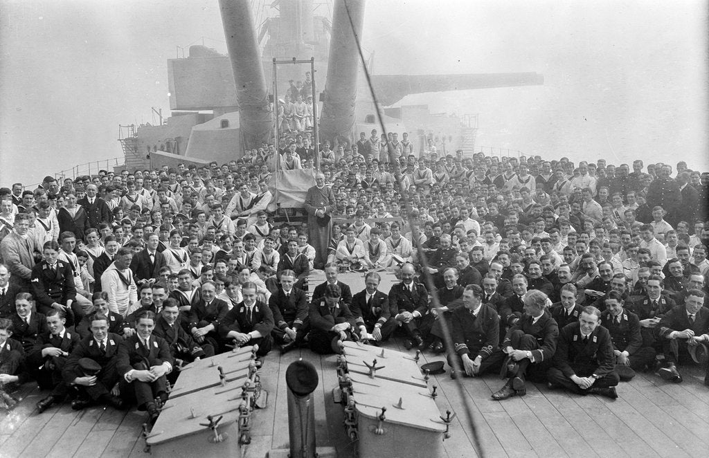 Detail of HMS 'Queen Elizabeth' (1913), crew gathered on the quarterdeck by unknown