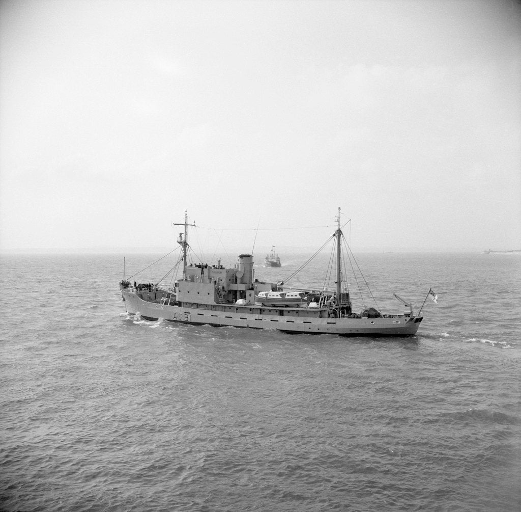 Detail of HMS 'Reclaim' (Br, 1948), under way, bound out from Portsmouth harbour, taken from Point Battery by unknown