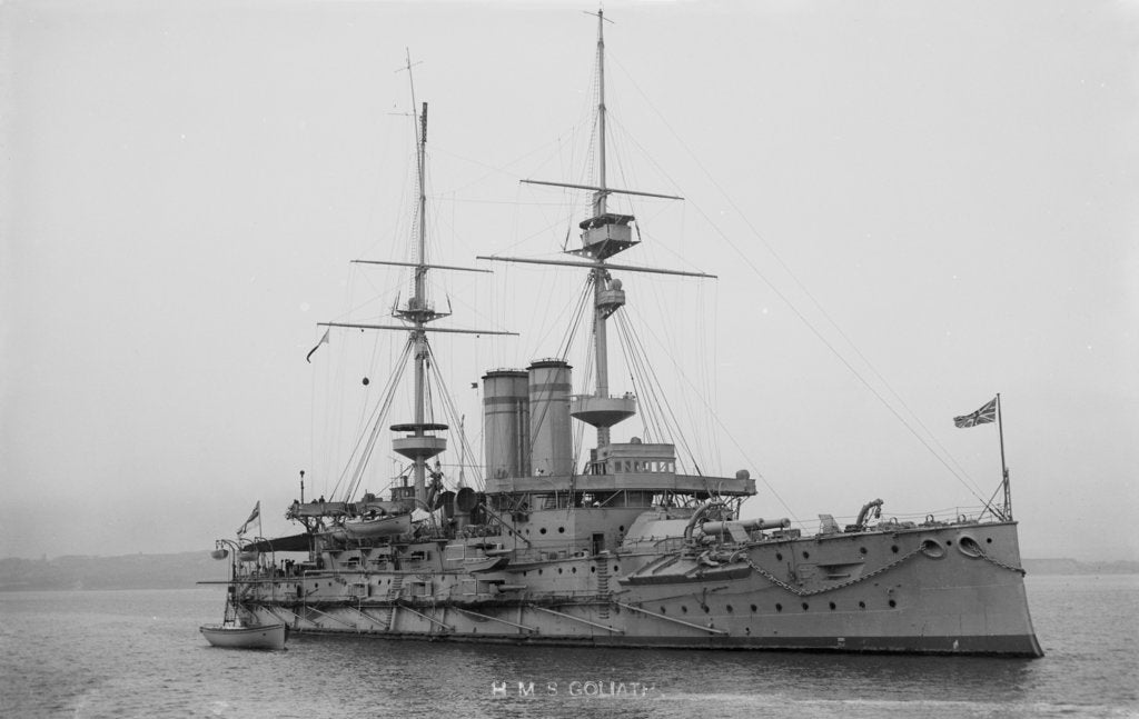 Detail of Battleship HMS 'Goliath' (1898), at anchor with awning rigged by unknown