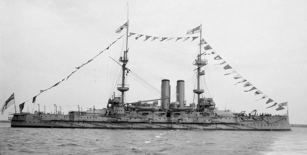 Detail of Battleship HMS 'Goliath' (1898) at anchor, dressed overall by unknown