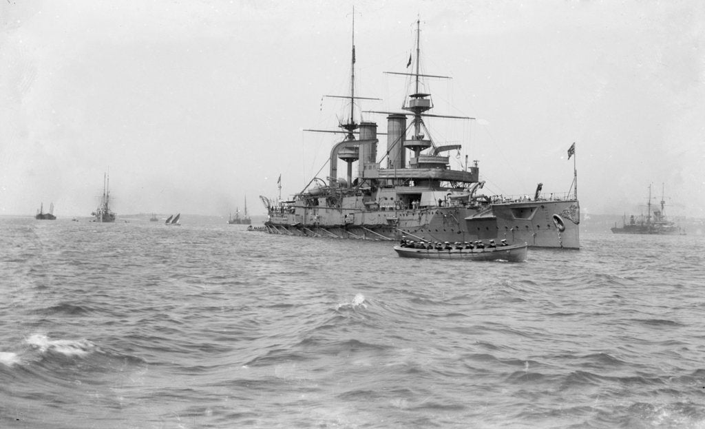 Detail of Battleship HMS 'Triumph' (1903) at anchor, slightly distant by unknown