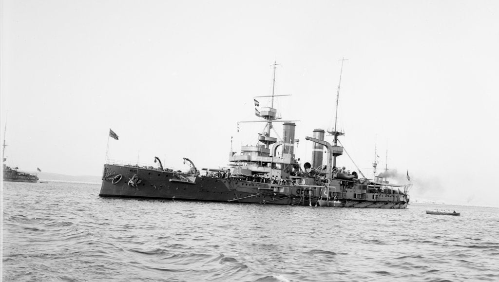 Detail of Battleship HMS 'Triumph' (1903) at anchor with awning aft by unknown