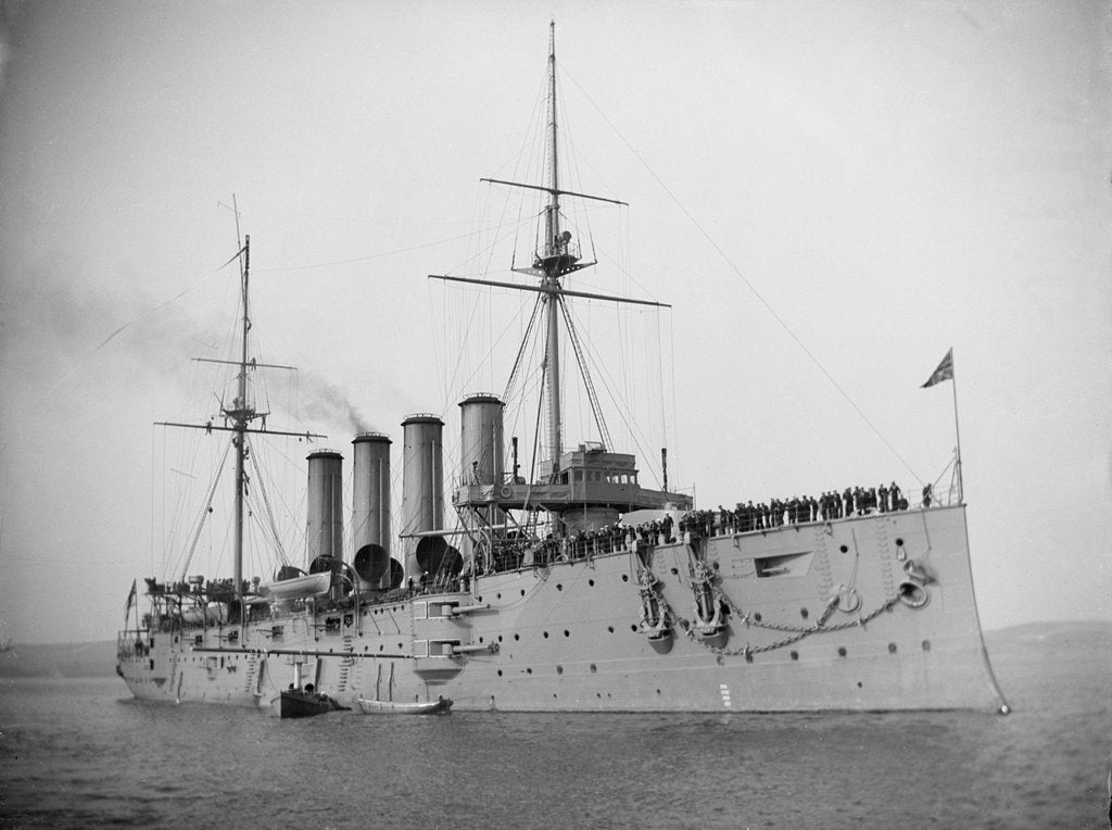 Detail of HMS 'Aboukir' (Br, 1900) armoured cruiser at anchor, flying paying off pennant by unknown