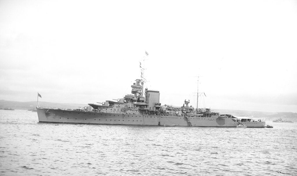 Detail of Light cruiser HMS 'Effingham' (1921) in 1939 at anchor with awning rigged aft by unknown