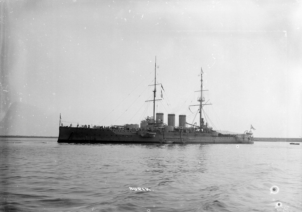 Detail of Armoured cruiser 'Rurik' (Ru, 1906) at anchor at Portland with awning rigged aft by unknown