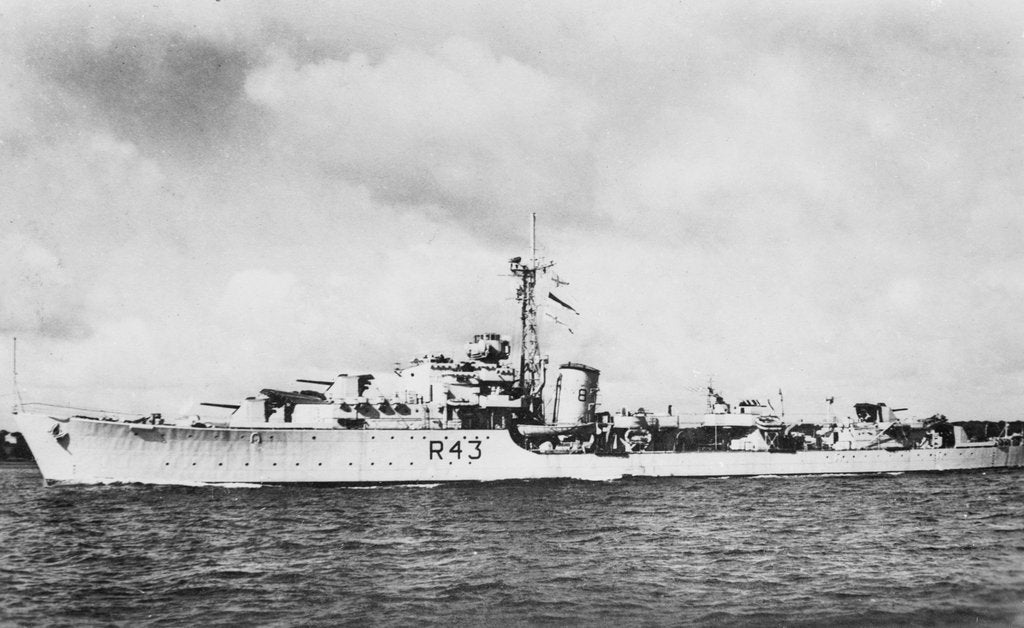 Detail of HMS 'Comus' (1945), a port near beam from just forward of broadside view, under way by unknown