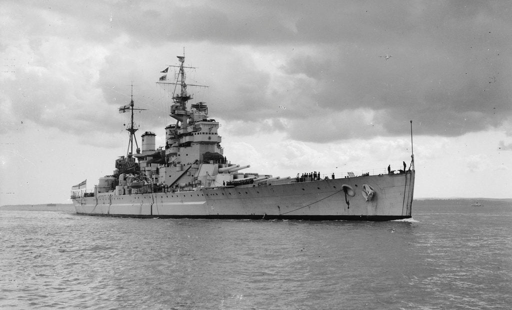 Detail of HMS 'King George V' (Br, 1939), under way, approaching Portsmouth Harbour by unknown