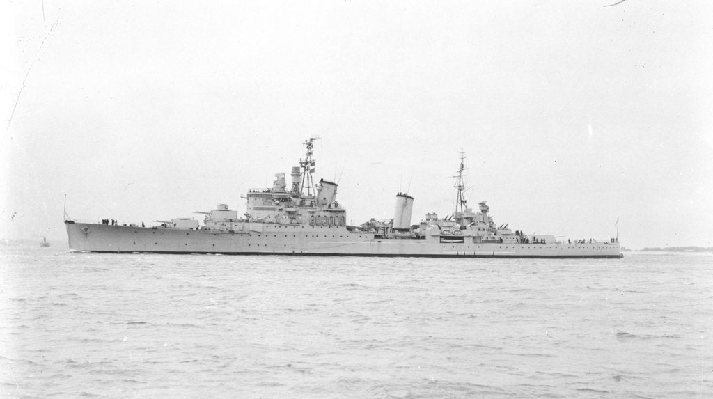 Detail of Light Cruiser HMS 'Birmingham' (1936) in September 1947, under way off Portsmouth by unknown