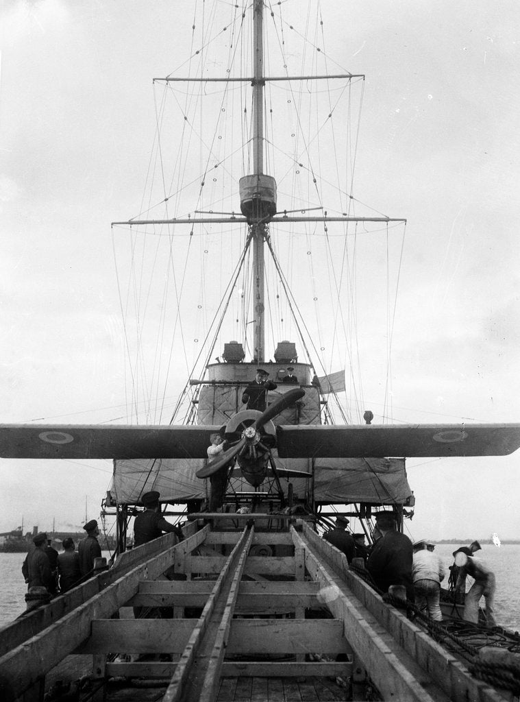 Detail of The Deperdussin Monoplane on the trial runway on board HMS 'Aurora' (1913) by Lieutenant Geoffroy William Winsmore Hooper