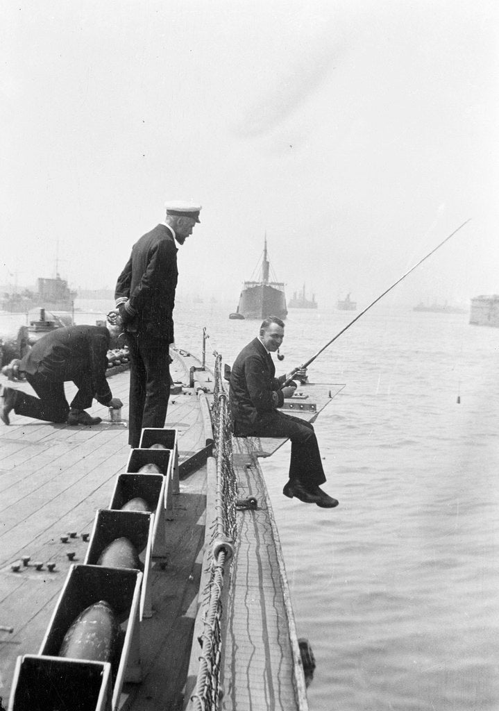 Detail of Officer fishing off light cruiser HMS 'Aurora' (1913) by unknown