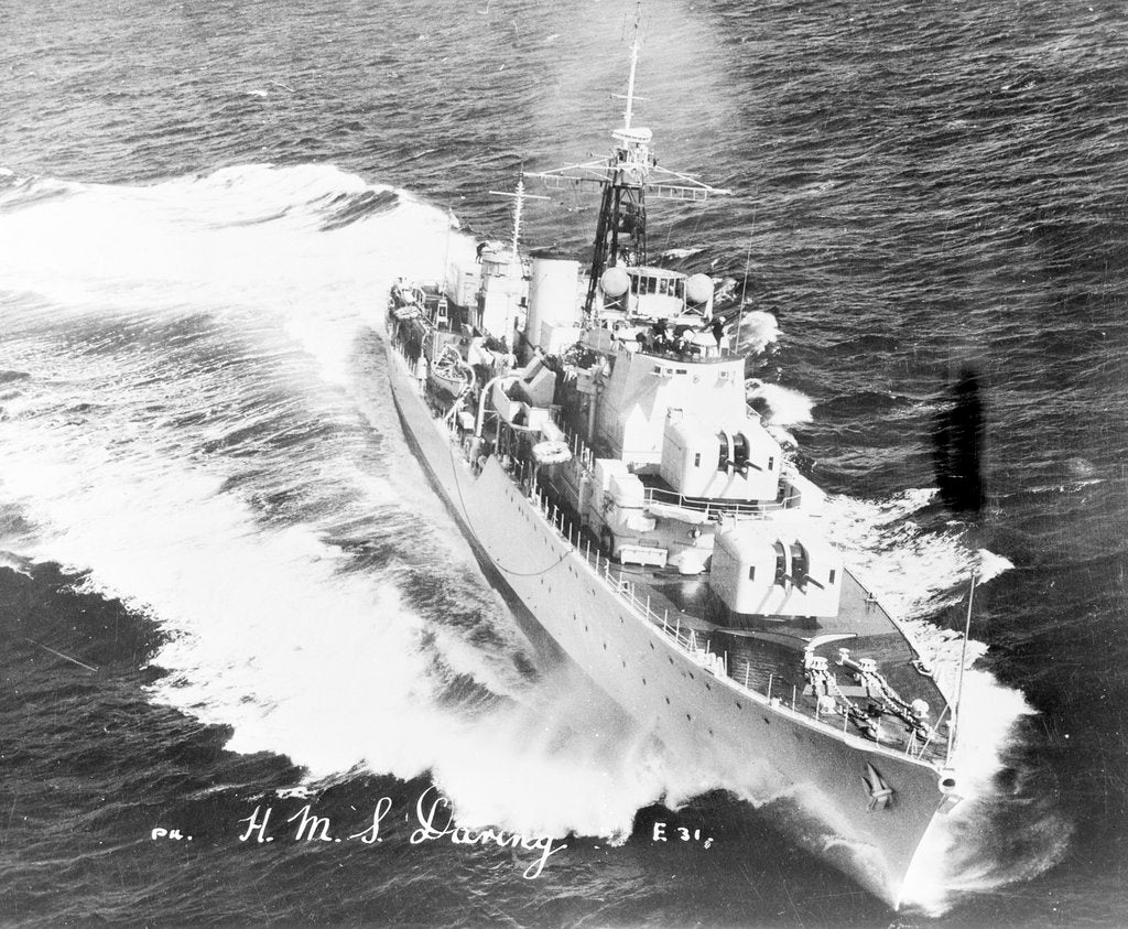 Detail of Destroyer HMS 'Daring' (1949) turning to starboard at high speed by unknown