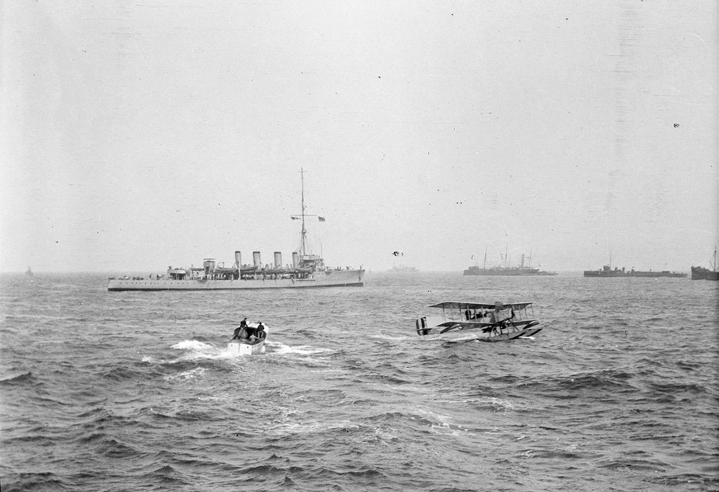 Detail of Scout cruiser HMS 'Attentive' (1904) in 1915-1916, at anchor off Dunkirk with a Short Type 184 seaplane in the foreground by unknown