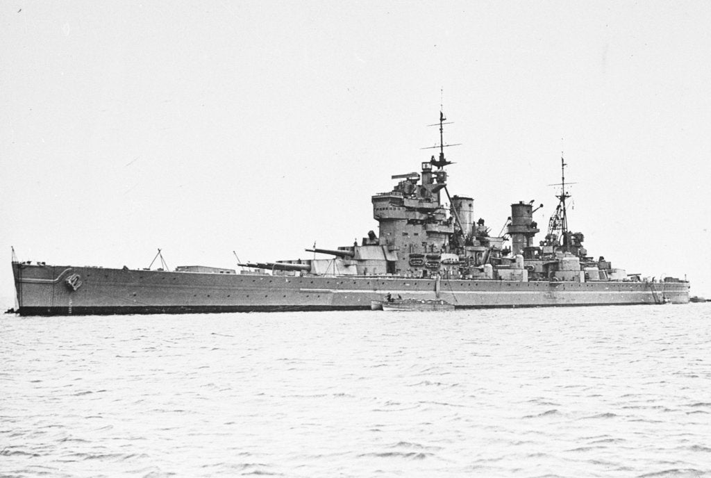 Detail of HMS 'King George V' (Br, 1939), at anchor, probably at Scapa Flow. with type 271 radar fitted by unknown