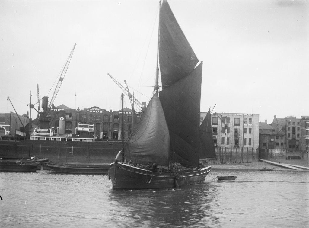 Detail of A spritsail barge under way off the Free Trade Wharves by unknown