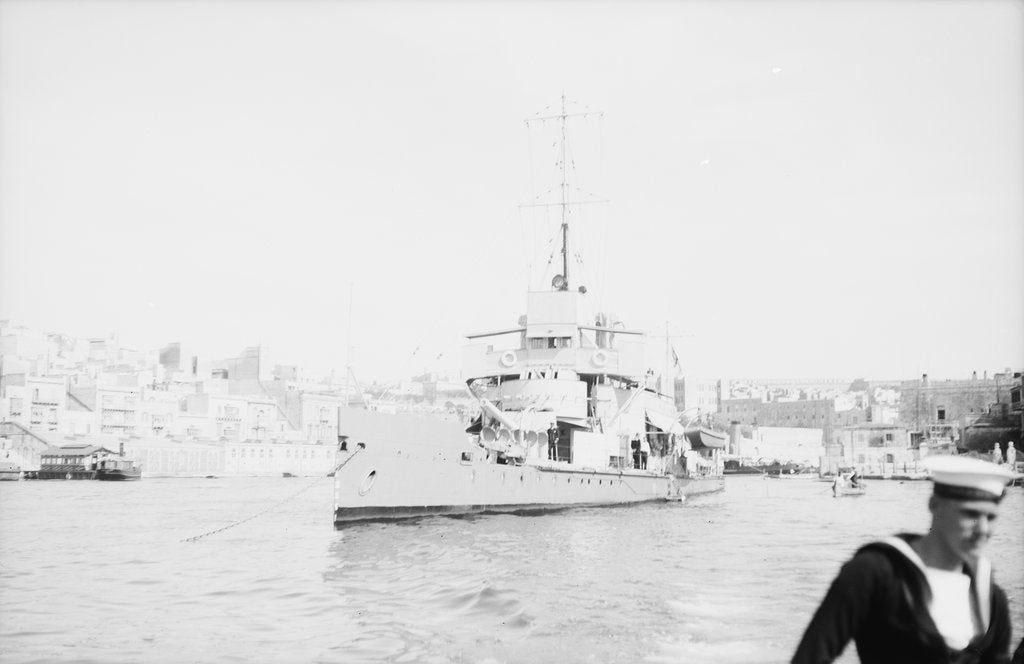 Detail of 'Aphis' (1915) anchored in Grand Harbour, Malta, near St. Angelo by unknown