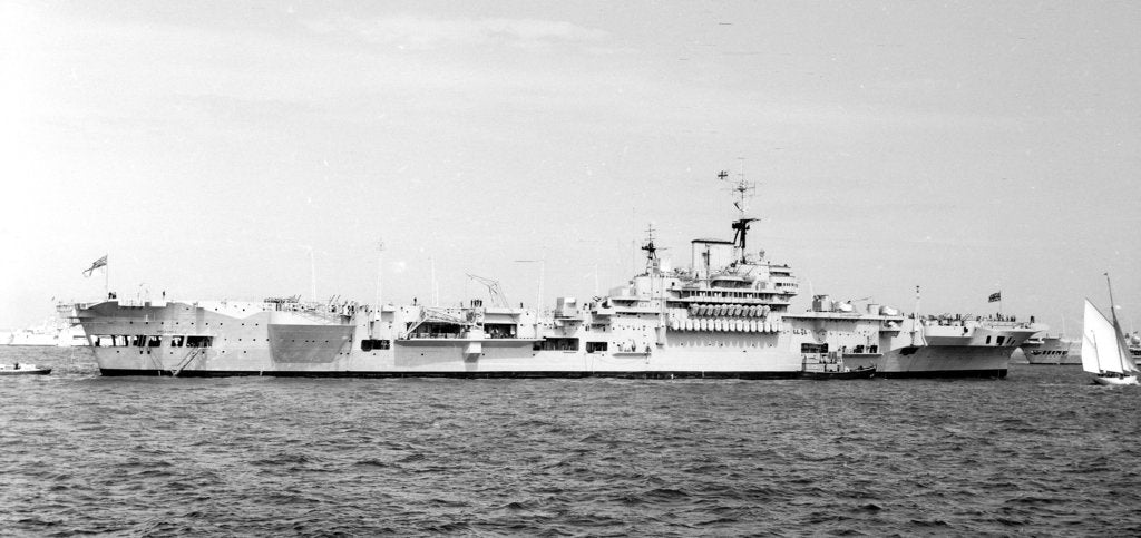 Detail of Air craft carrier HMS 'Implacable' (1942) in June 1953, anchored in Line F at Spithead for the Coronation Review by unknown