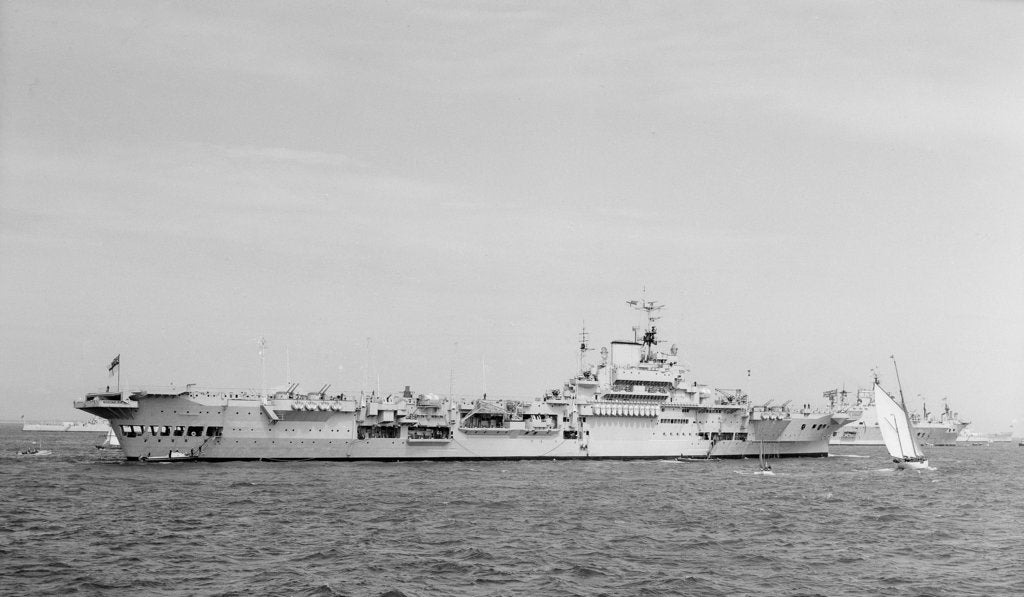 Detail of 'Indomitable' (Br, 1940) anchored in Line F at Spithead for the Coronation Review by unknown
