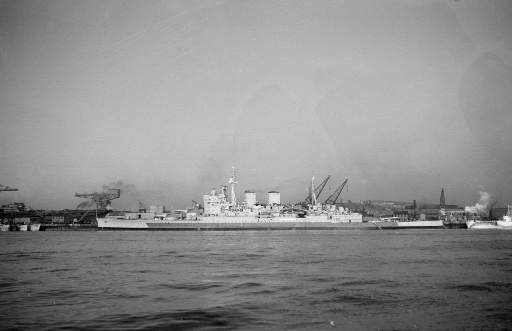 Detail of Battlecruiser HMS 'Renown' (1916) in 1945 alongside at Devonport, prior to being laid up. In the left background is the incomplete carrier 'Terrible' by unknown