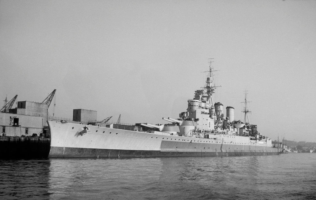 Detail of Battlecruiser HMS 'Renown' (1916) in 1945 alongside at Devonport, de-storing by unknown