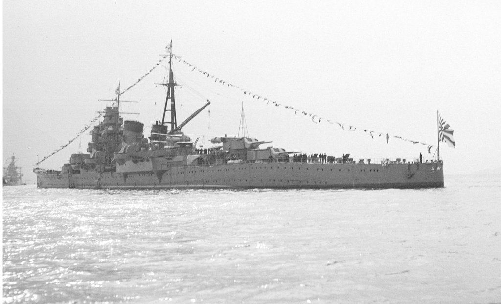 Detail of The heavy cruiser 'Ashigara' (Ja, 1928)  anchored in Line G at Spithead for the Coronation Review, dressed overall by unknown