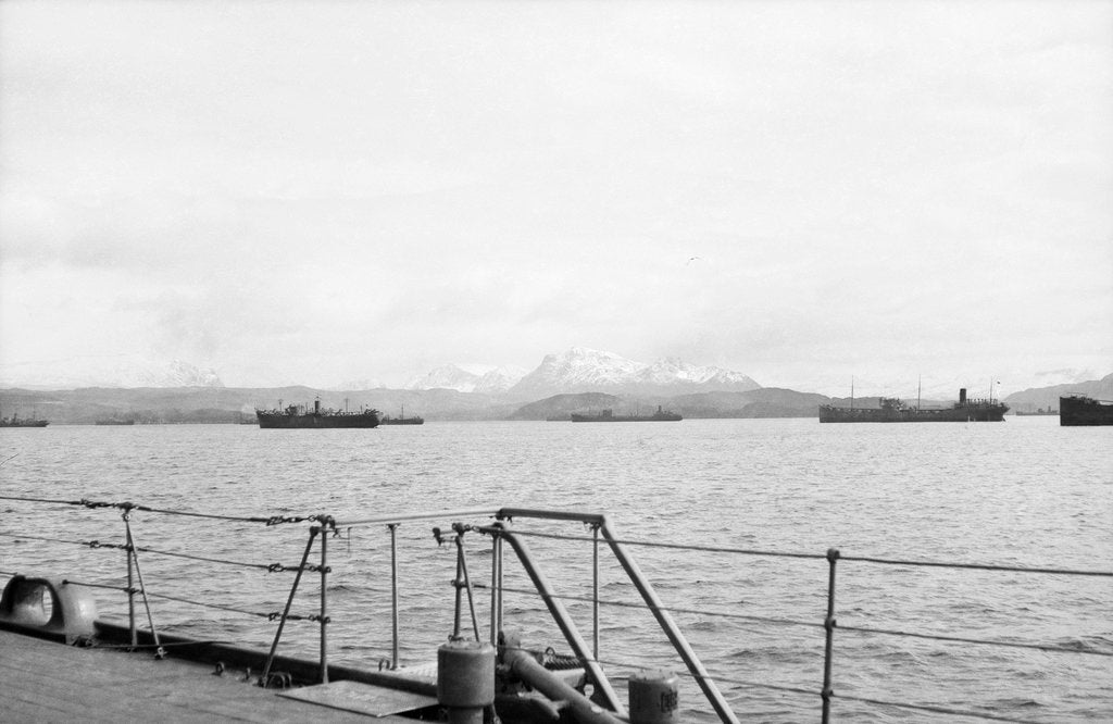 Detail of Merchant shipping, including two oil tankers, assembling at Loch Ewe in 1941 by unknown