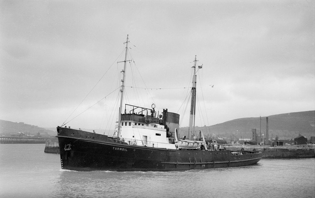 Detail of Salvage tug 'Turmoil' (Br, 1944, The Admiralty, Overseas Towage & Salvage Co Ltd) under way at Swansea, bound out by unknown