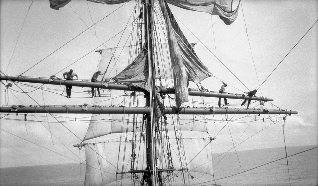 Detail of Furling the main upper topsail by Alan Villiers