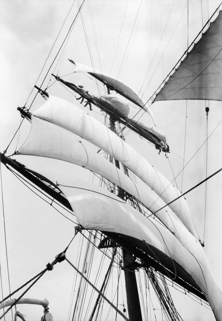Detail of High aloft, taking in sail as the storm increases by Alan Villiers