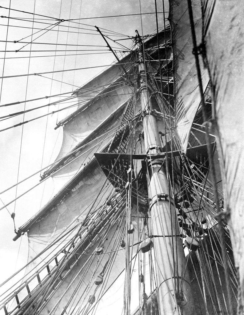 Detail of On board the 'Parma': looking aloft on the Mizzen, the interlacing stays supporting the mast by Alan Villiers