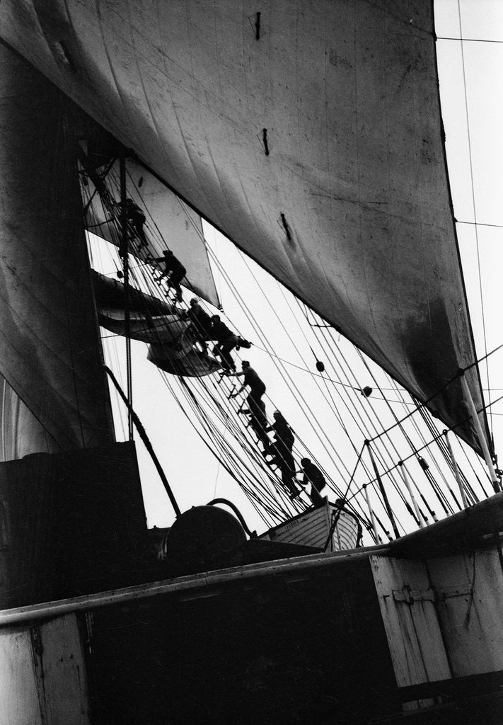 Detail of Going aloft, climbing the starboard fore shrouds by Alan Villiers