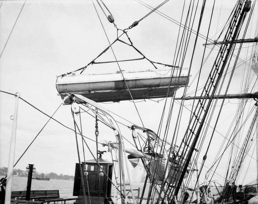 Detail of The life raft from 'Elingamite' (1887) being hoisted outboard of HMS 'Penguin' (1876) by Willoughby Pudsey Dawson