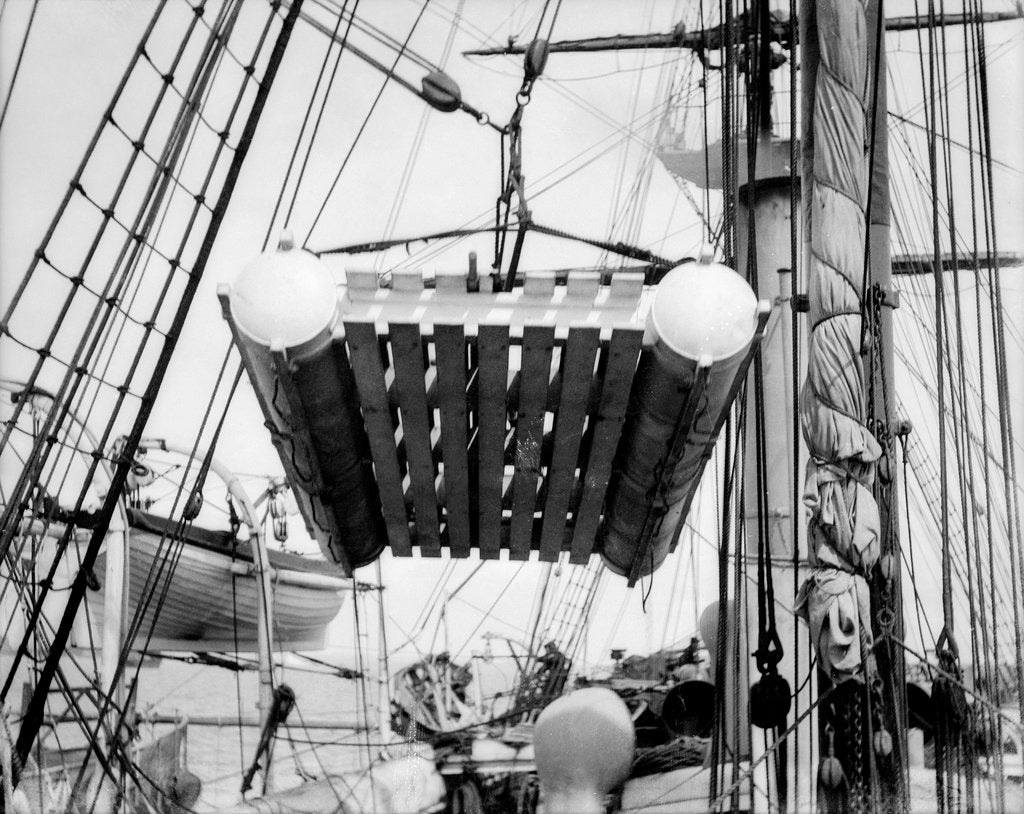 Detail of The life raft from 'Elingamite' (1887) being hoisted off the upper deck of HMS 'Penguin' (1876) by Willoughby Pudsey Dawson