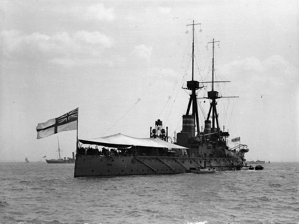 Detail of Battleship HMS 'Temeraire' (1907) at anchor at Spithead, with awning rigged aft by unknown