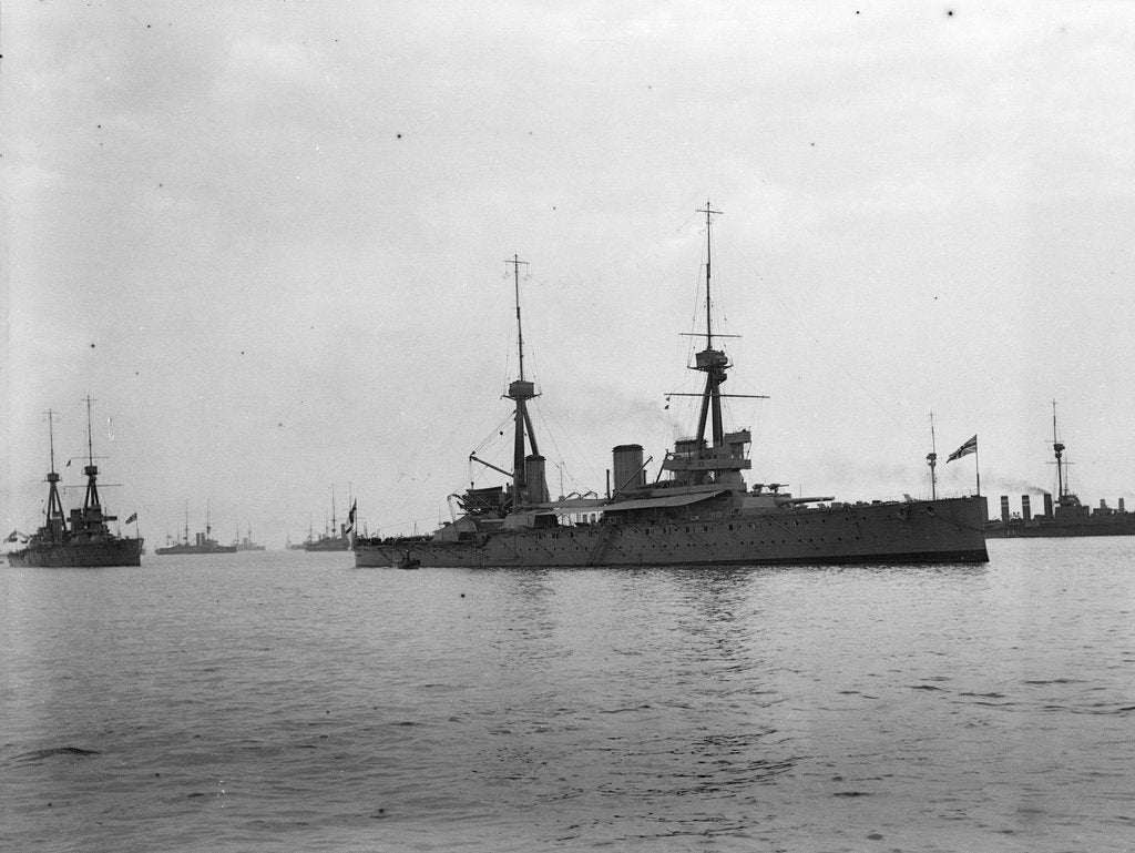 Detail of Battlecruiser HMS 'Inflexible' (1907) at anchor at Spithead, with awning rigged amidships by unknown
