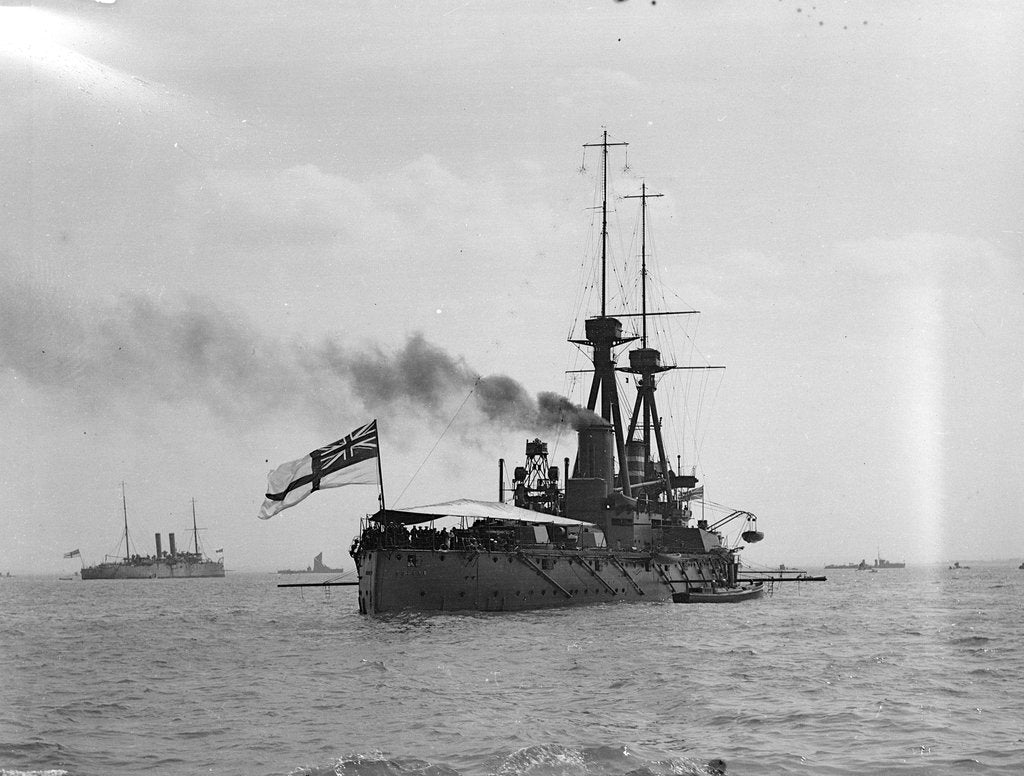 Detail of Battleship HMS 'Superb' (1907) at anchor at Spithead, with awning rigged aft by unknown
