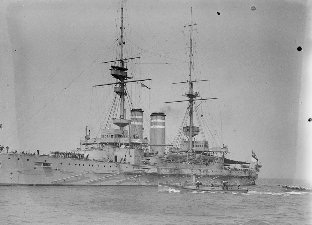 Detail of Battleship HMS 'Queen' (1902) at anchor at Spithead, with awning rigged aft by unknown