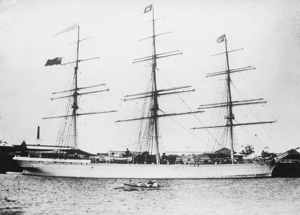 Detail of Photograph of 'Astracana' (1874) at quayside, Port Adelaide. Additional painted flags added by unknown
