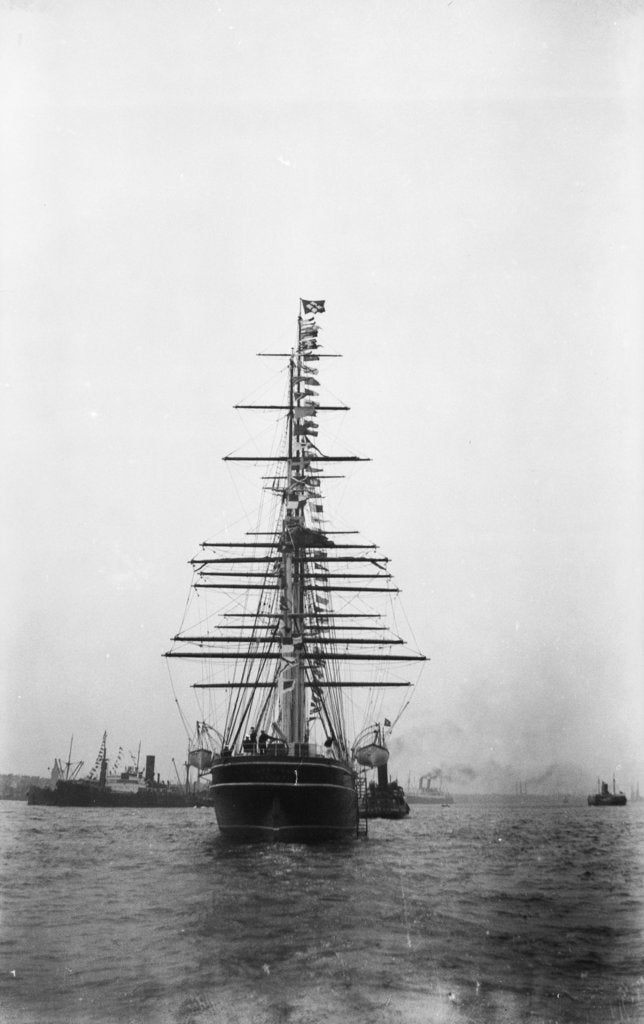 Detail of 'Cutty Sark' (1869) being towed by tug 'Muria' on the Thames by unknown