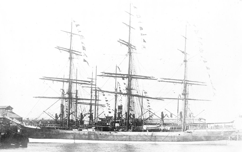 Detail of 3-masted ship 'Machranish' (Br, 1883), Hugh Hogarth & Sons, at quayside, dressed by unknown