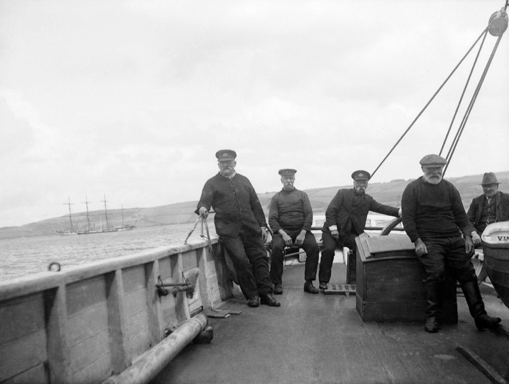 Detail of A Falmouth pilot cutter, the 'Vincent' (Br, 1852) on board looking aft from the starboard side amidships showing five men aboard by unknown