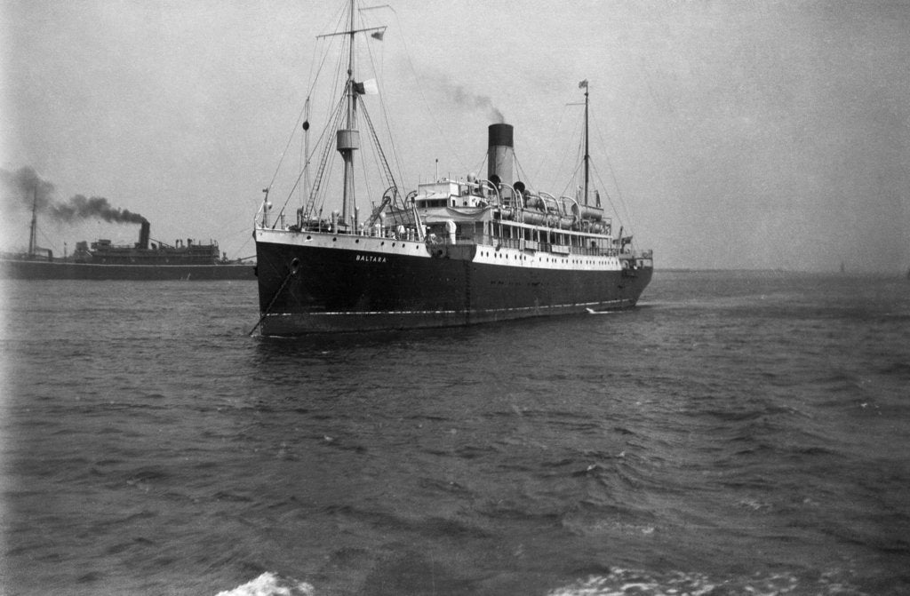 Detail of Cargo liner 'Baltara' (Br, 1909) ex 'Suntemple' and ex 'Berbice', United Baltic Corp Ltd, at anchor by unknown