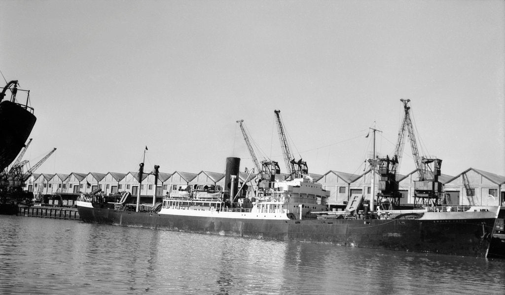 Detail of General cargo 'Empire Voice' (Br, 1940) at quayside at Cape Town by unknown