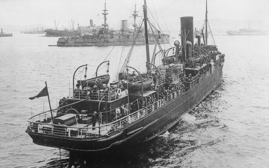 Detail of HMS 'Redbreast' (1908) under way in a crowded anchorage in the Eastern Mediterranean by unknown