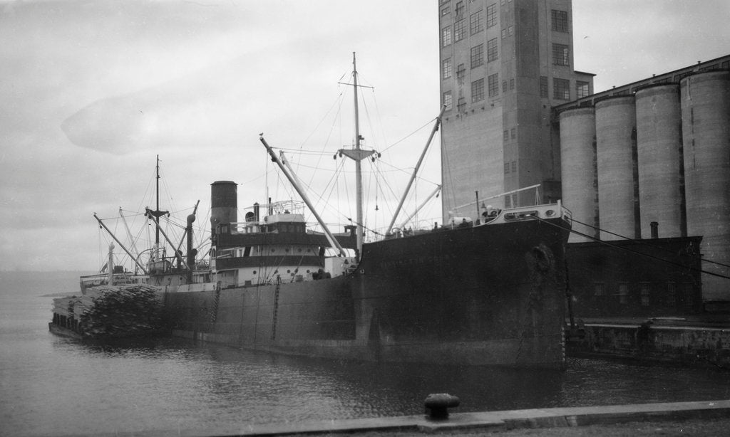 Detail of General cargo ship 'Sinnington Court' (Br, 1928) at quayside by unknown