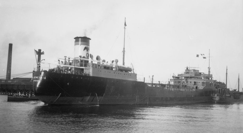 Detail of Tanker 'San Demetrio' (Br, 1938), Eagle Oil & Shipping Co Ltd, at jetty (Purfleet?) by unknown