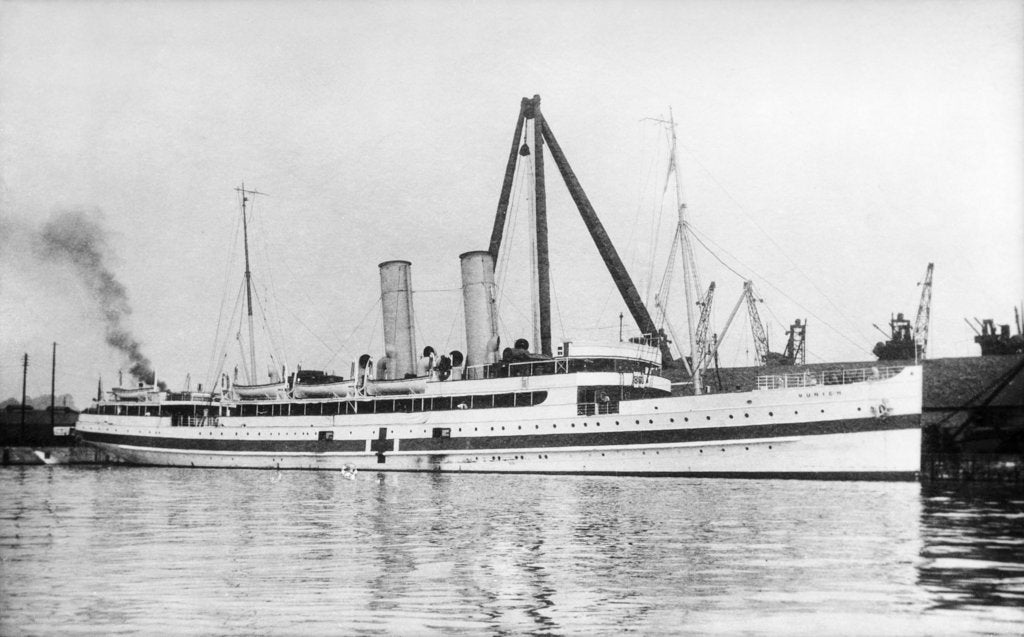 Detail of The cross channel turbine steamer 'Munich' (Br 1908) as a hospital ship at quayside, under sheerlegs by Anonymous