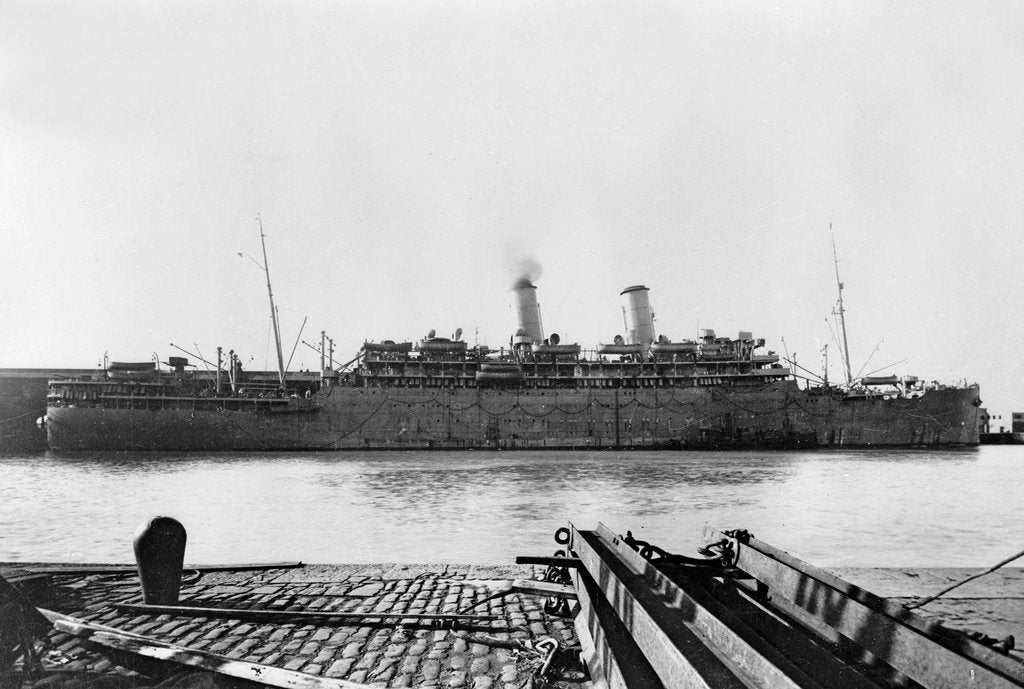 Detail of 'Otranto' (Br, 1925), at quayside as a troopship by unknown