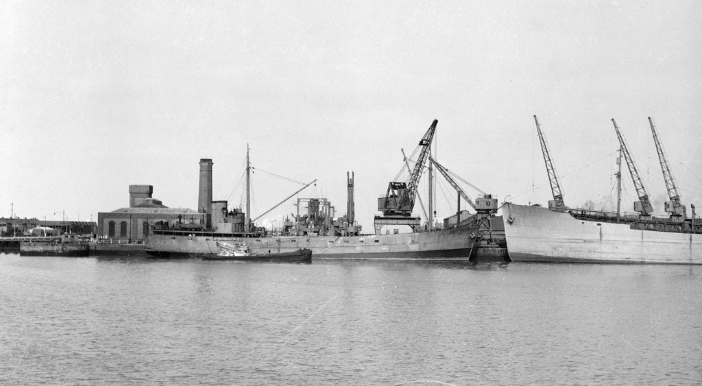 Detail of General cargo, short sea, motor vessel 'Underwood' (1941) at quayside in Avonmouth by unknown